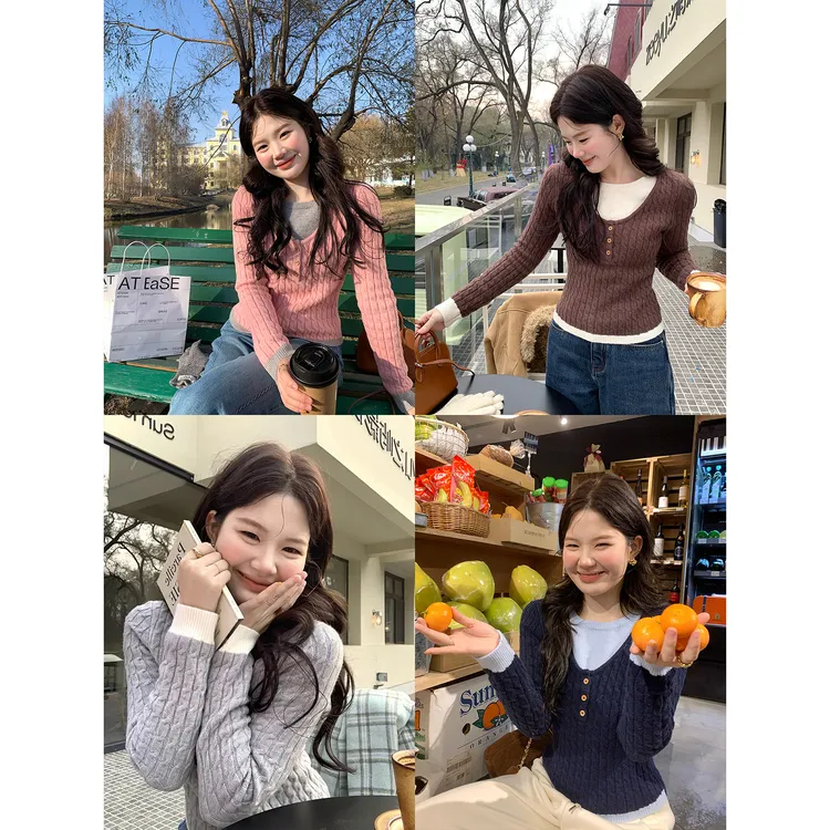 火火火【层次感穿搭】韩版假两件显瘦温柔风针织衫上衣M39584HH54