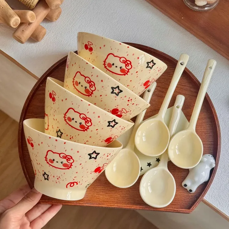 樱桃腮红猫ins少女心饭碗酸奶碗甜品碗蒸蛋碗釉下彩陶瓷家用宿舍