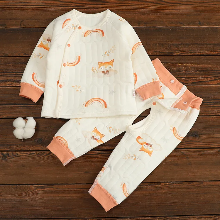 宝宝秋冬夹棉套装中国风新生婴儿保暖分体打底家居服套两件装休闲