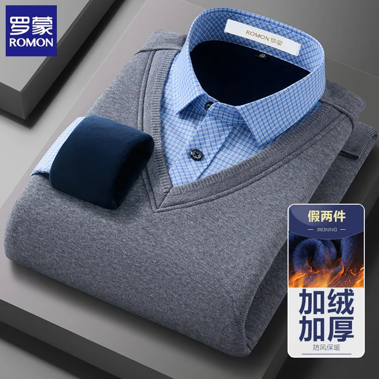 罗蒙男士时尚格子假两件针织衫保暖衬衫中年休闲加绒加厚外套毛衣