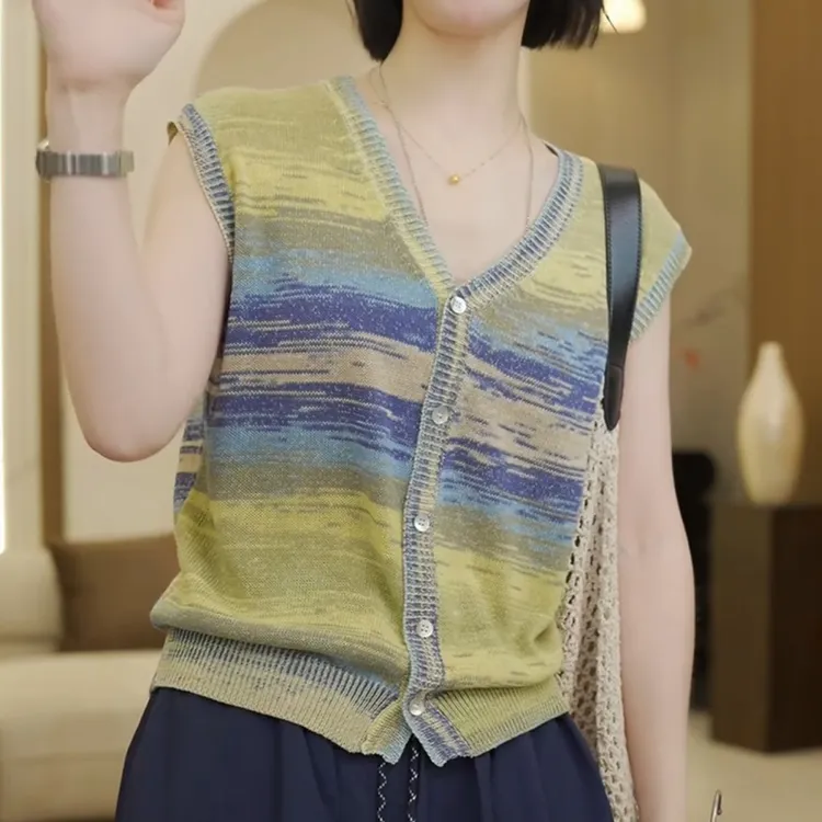 2025夏季新款法式百搭V领拼色开衫上衣LK2504896