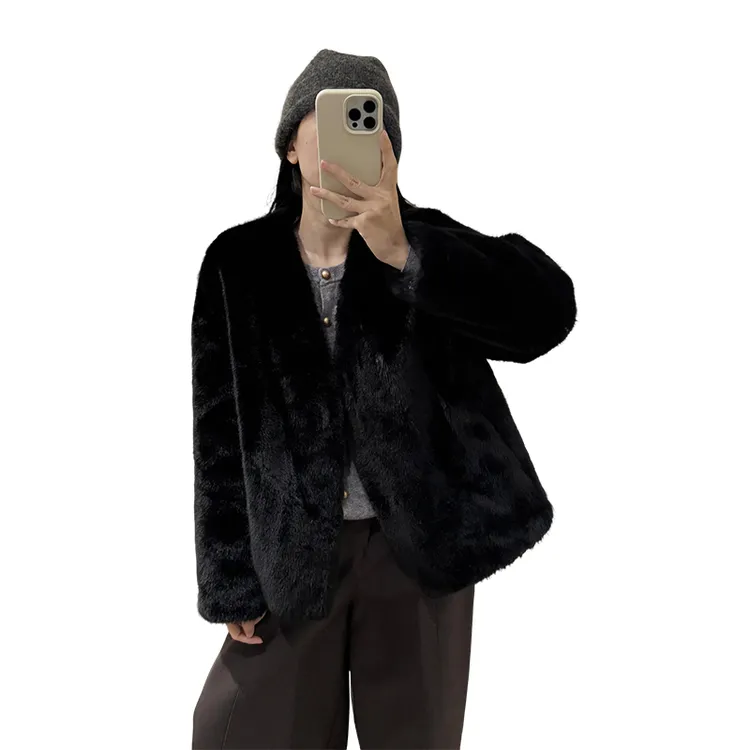 人造皮草 外套女天鹅绒貂毛大衣女式短款经典简约v领百搭保暖女装