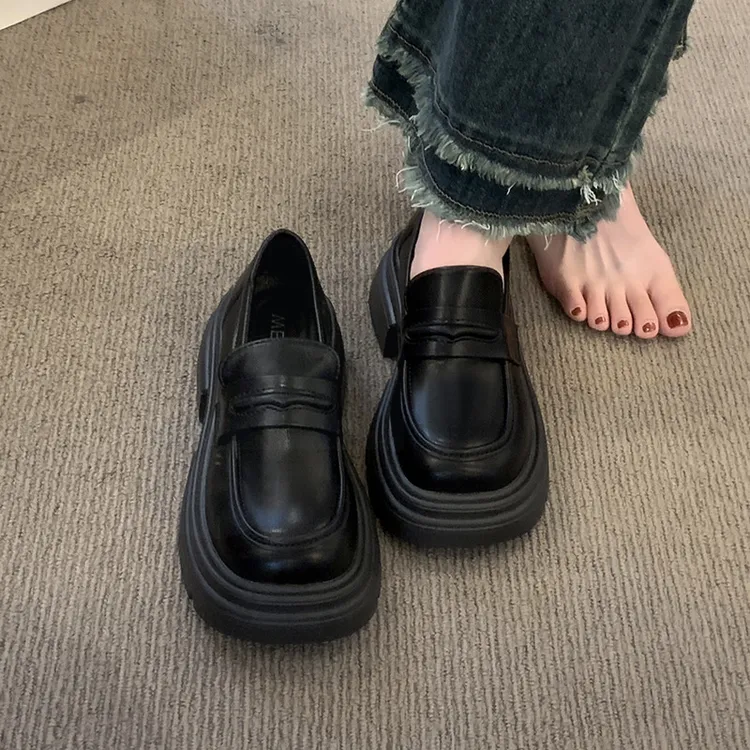 黑色厚底2024秋冬新款英伦风一脚蹬乐福鞋小皮鞋女女鞋复古玛丽珍