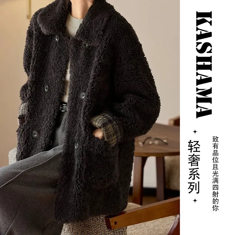 2025年冬季上衣女100绵羊毛韩版新款百搭网红气质外套女翻领中款