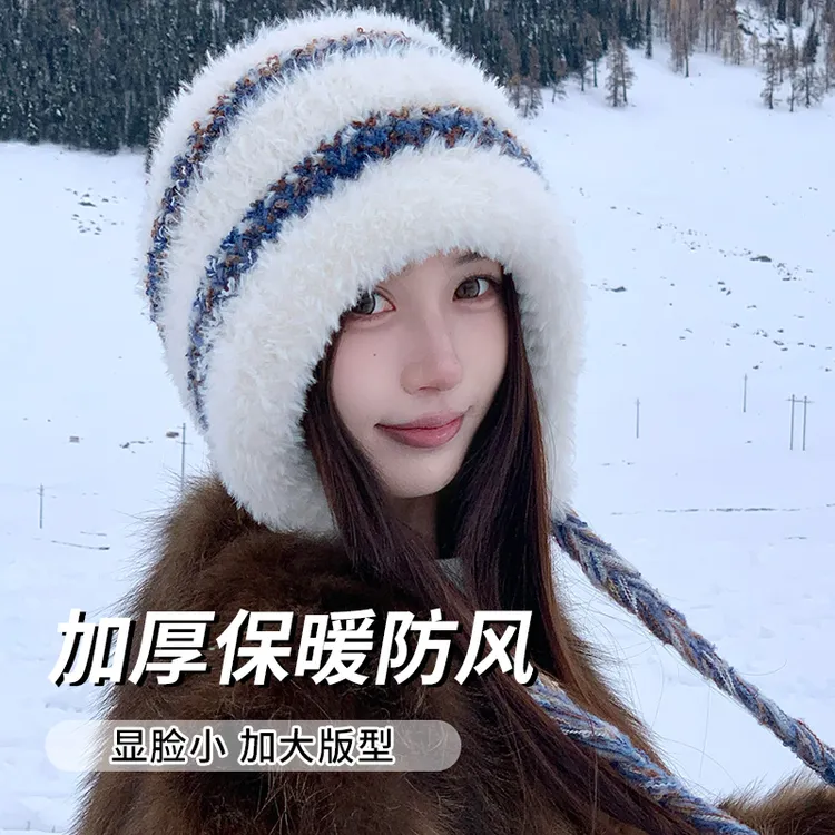 可爱毛绒帽子女秋冬彩色辫子针织冬天护耳保暖东北防寒风雪帽