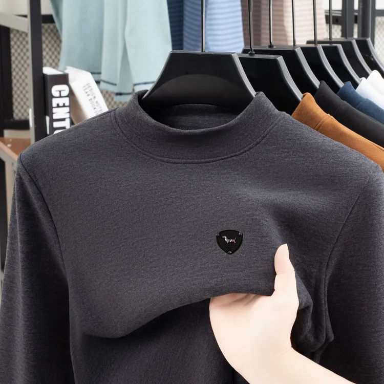 石墨烯羊毛半高领T桖秋冬季加厚宽松磨毛男士保暖上衣长袖打底衫