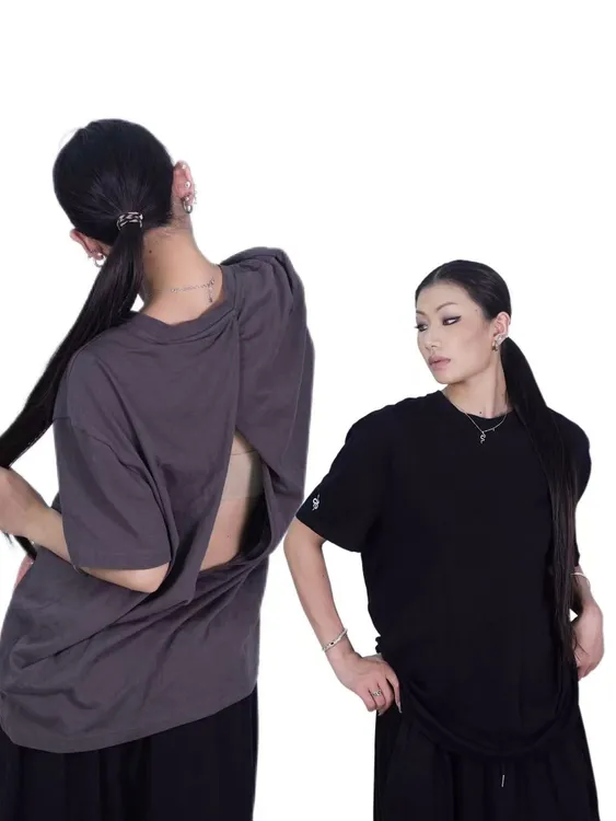 SUANS原创女镂空露背短袖夏季小刺绣大T恤不规则百搭简约