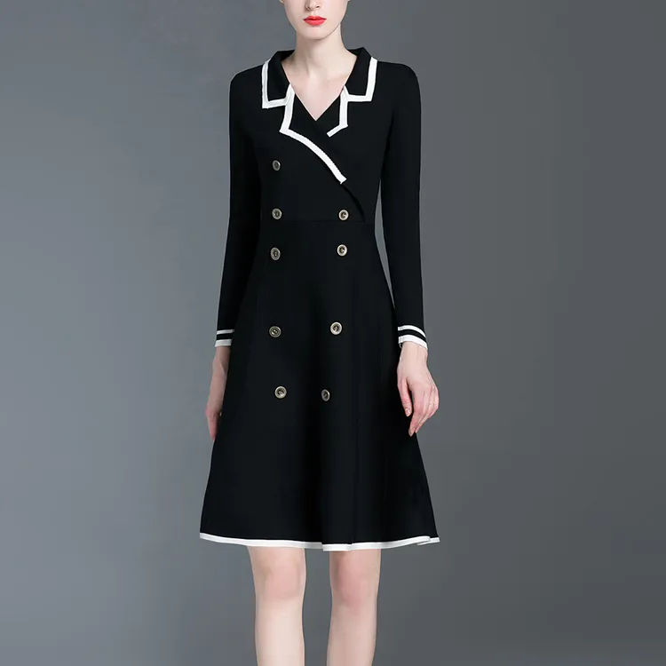 西装领针织连衣裙秋冬气质小黑裙2025新款裙子外穿打底毛衣a字裙