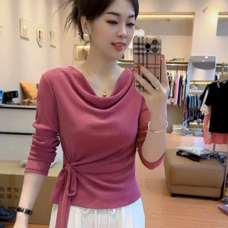 堆堆领纯色网纱长袖T恤女2025秋季新款绑带百搭上衣洋气修身小衫