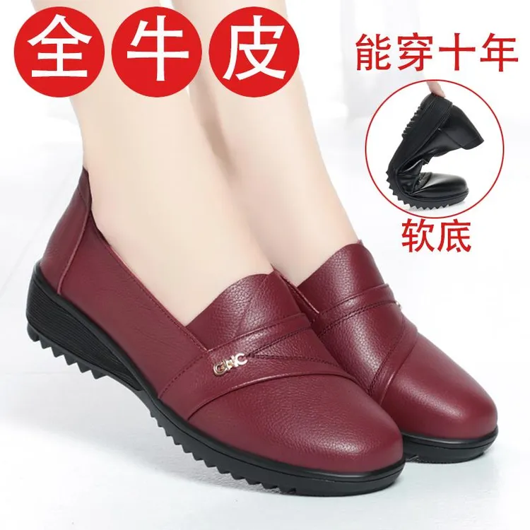 全牛皮真皮单鞋女低跟2025新款春秋平底中老年妈妈鞋软底大码皮鞋