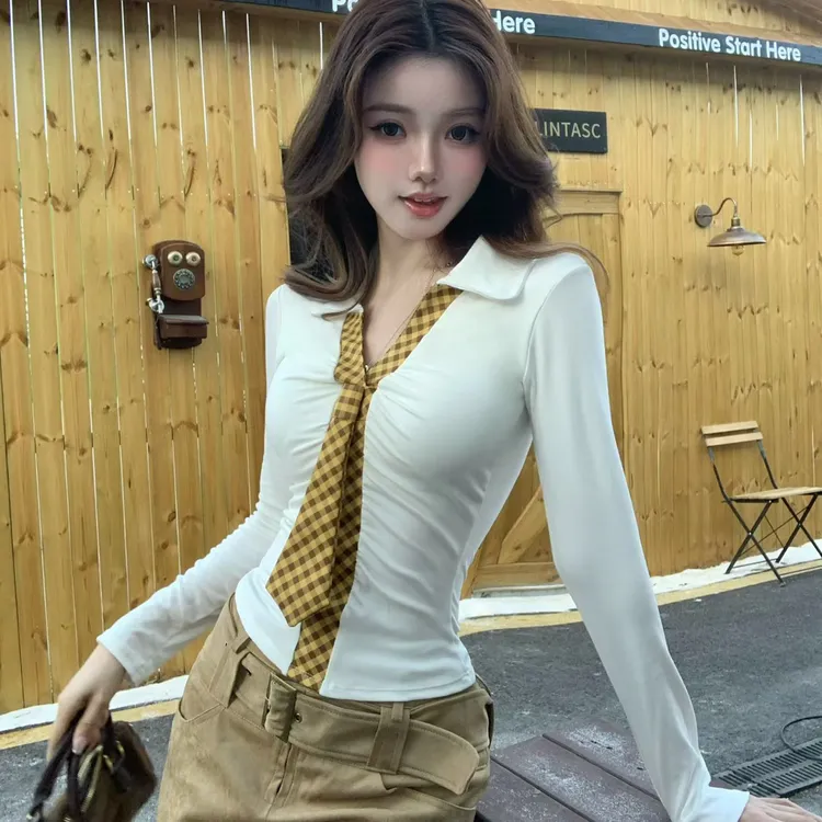 韩系学院风拼接领带长袖女秋辣妹修身百搭短款带胸垫上衣