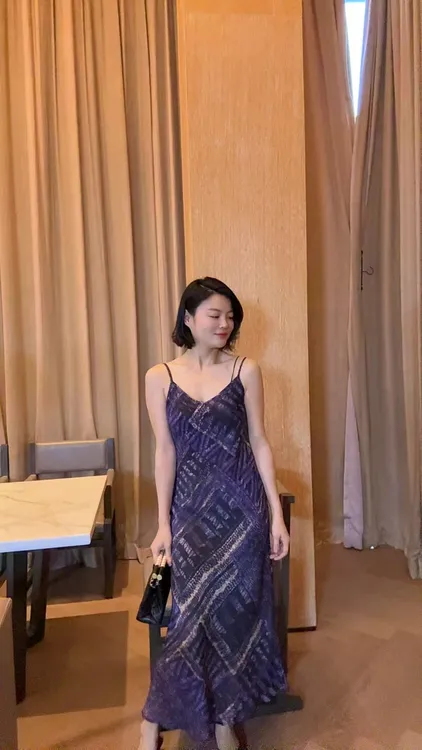 TANTAN  真丝 气质紫色印花吊带裙2109