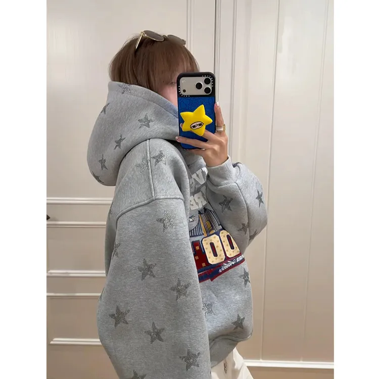 【珂塔芙】潮牌满印星星连帽卫衣女宽松慵懒风加绒加厚休闲百搭外套