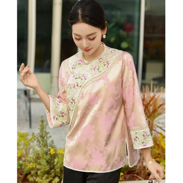 2025新中式盘银花朵刺绣全人丝提花百搭小上衣唐装上衣新中式