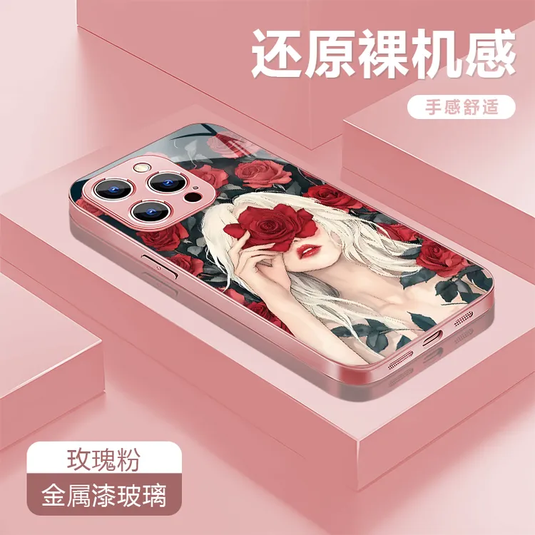 玫瑰女孩适用苹果17/16华为P70/vivo/oppo金属漆玻璃防摔手机壳女
