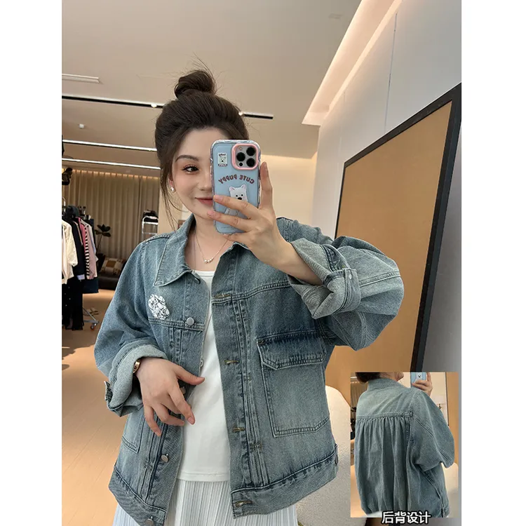 【胖佳佳】现货~山茶花 牛仔外套秋季新款设计感时尚百搭H625Z13465