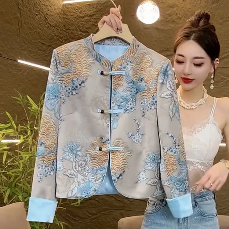 2025春秋新款时尚休闲国风新中式圆领外套时尚印花长袖短款外套