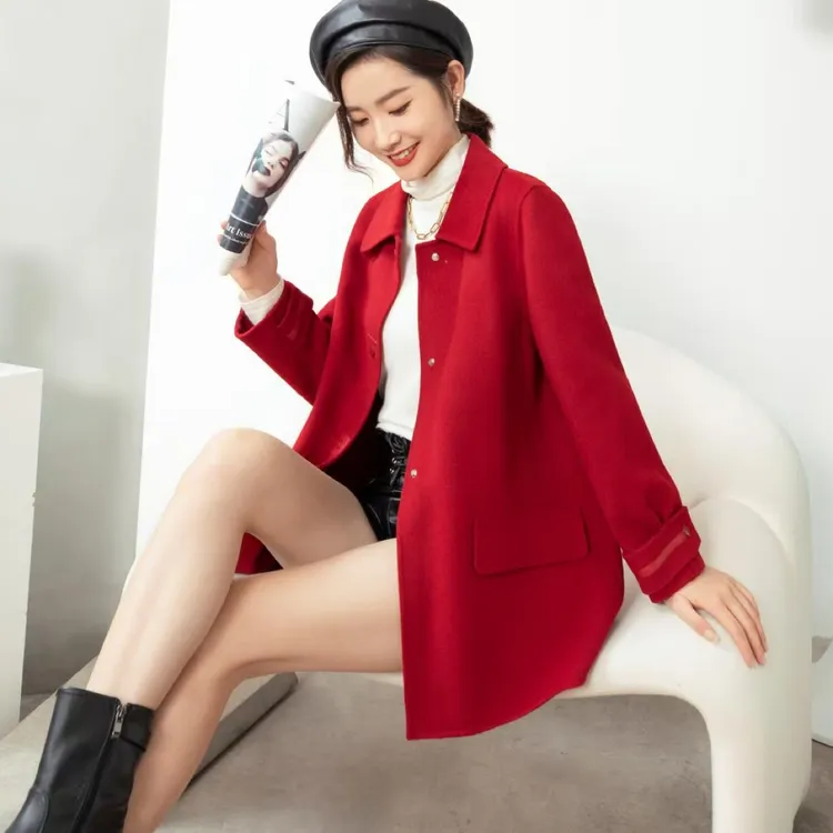 6302双面大衣长袖小个子洋气红色气质宽松中长款韩版显瘦双面呢