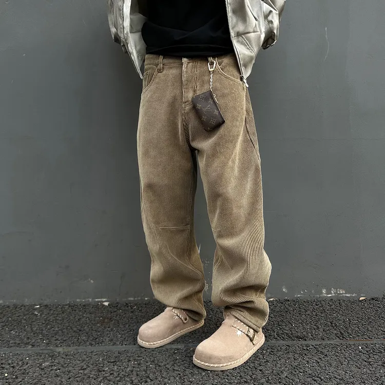 【UNAPS】秋冬复古宽松重磅加绒超厚灯芯绒弯刀休闲裤男女直筒裤子