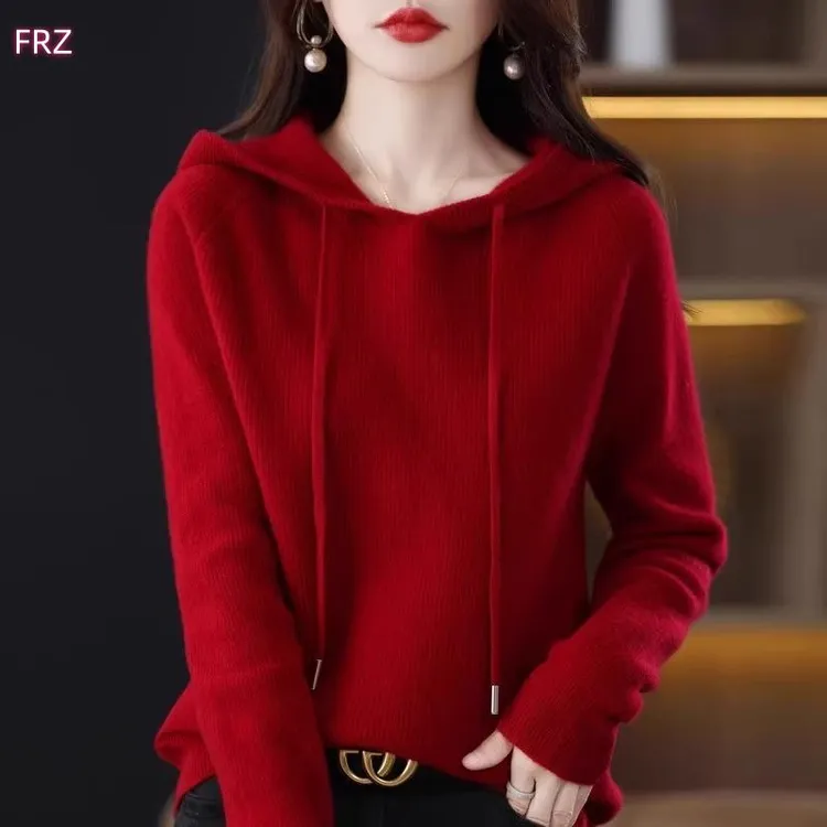 山羊绒连帽套头毛衣女2025年春季韩版时尚洋气新年红色内搭针织衫