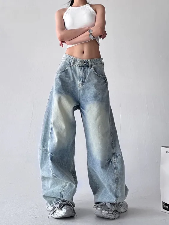 美式复古嘻哈街头水洗浅蓝弯刀牛仔裤女2025春季新款宽松阔腿裤子