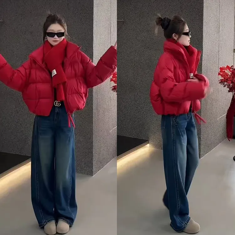 冬装搭配一整套2025年新款百搭立领短款棉服高腰牛仔裤两件套装