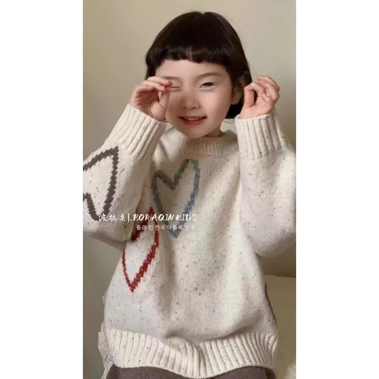 韩国童装女童秋季毛衣2025新款儿童女孩彩点爱心保暖宽松百搭毛衣