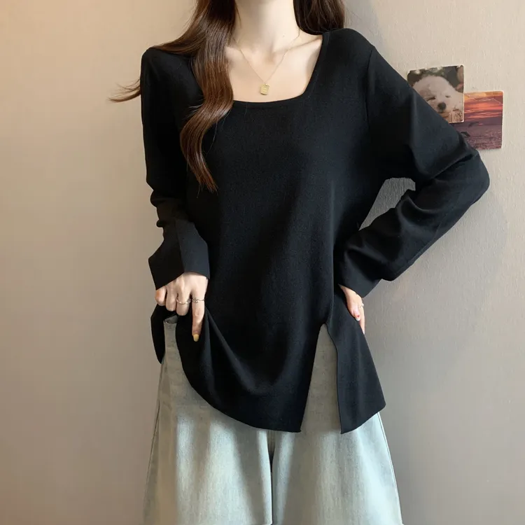 大码长袖方领针织衫女春秋内搭显瘦胖mm设计感不规则开叉正肩上衣