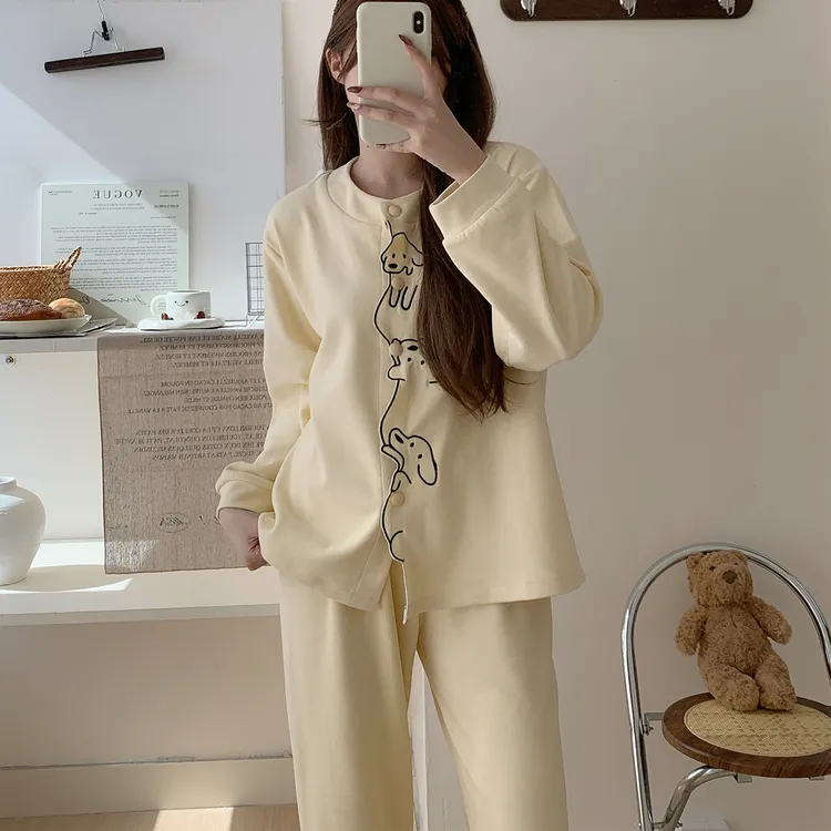 睡衣女秋冬季2025新款长袖大码黄色可爱小狗套装可外穿冬天家居服