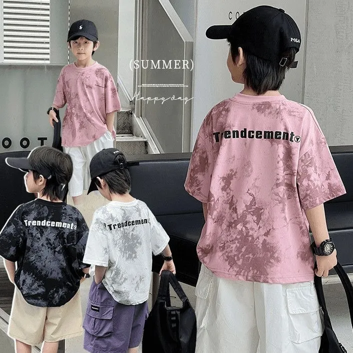 【100%纯棉】男童纯棉短袖t恤夏装2025新款中大儿童半袖男孩扎染潮T