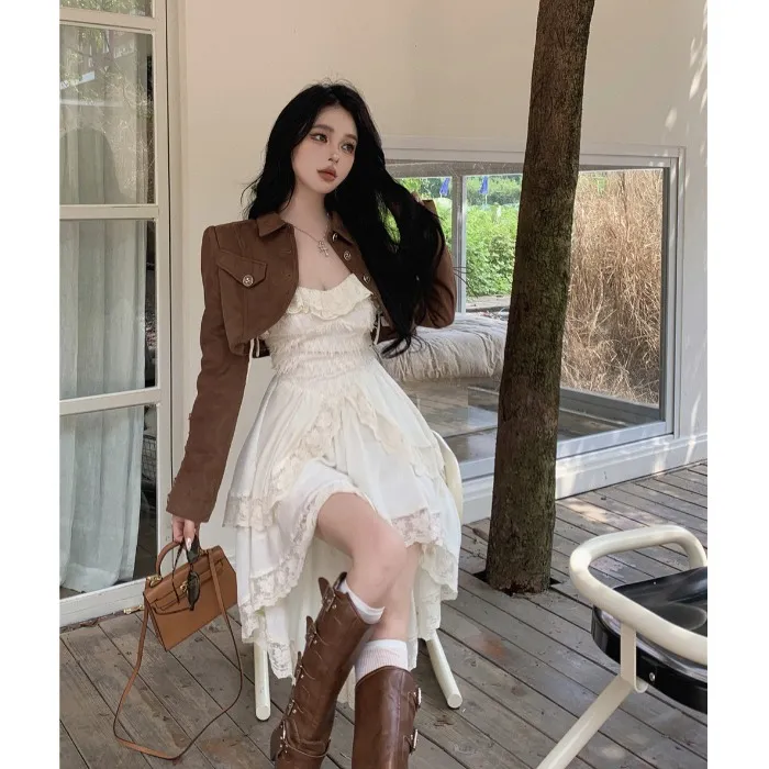 港风复古机车咖色短款外套女早秋季新款时尚显瘦外搭上衣长袖开衫