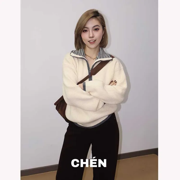 【海鸥毛衣】晨总自制休闲百搭撞色保暖翻领拉链秋冬毛衣女