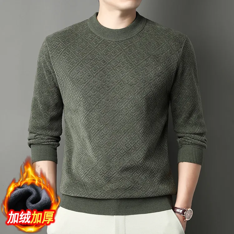 欧棉绒针织圆领男士加绒保暖毛衣长袖休闲男士针织衫秋冬打底毛衣