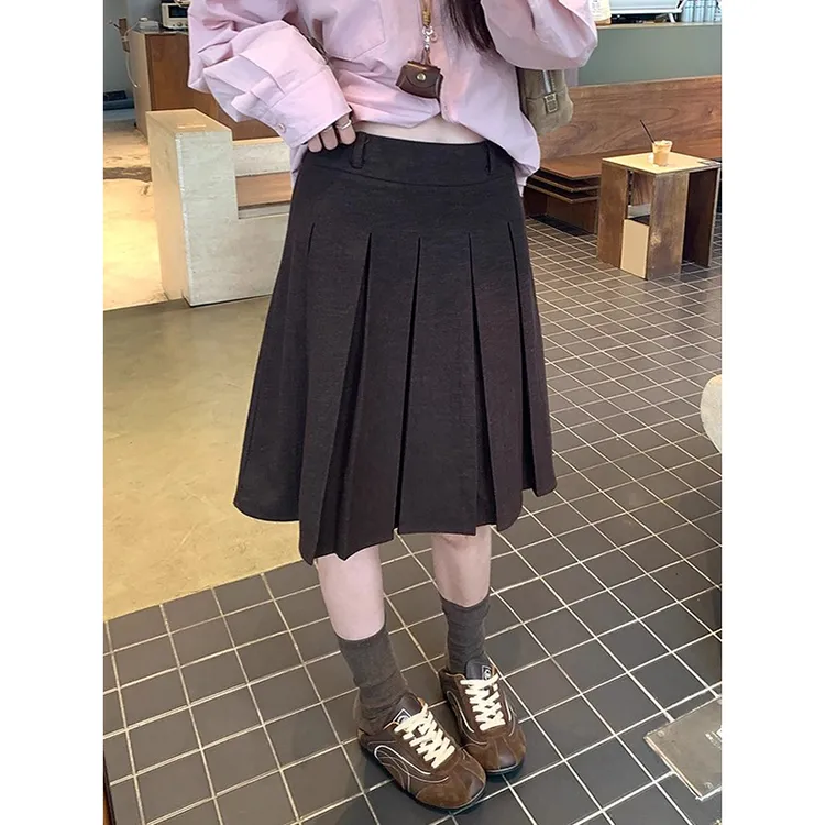耶古日系咖啡色百褶a字半身裙女秋季新款高腰显瘦气质百搭中长裙
