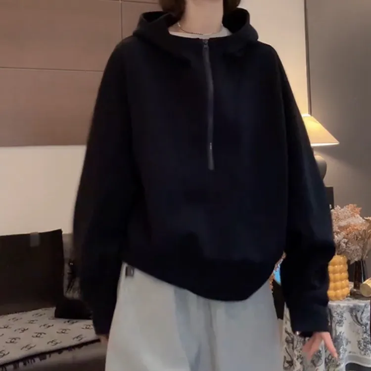 设计感半拉链连帽宽松慵懒风卫衣2025新款秋冬季百搭女士纯色上衣
