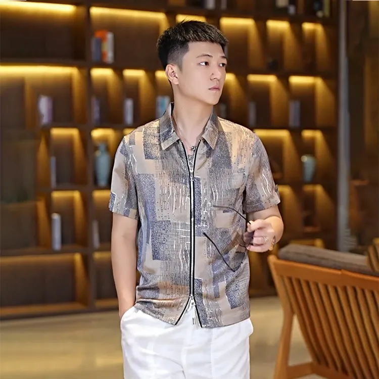 2025夏季新款时潮流爆款冰丝提花男士时尚休闲百搭双拉链短袖外套