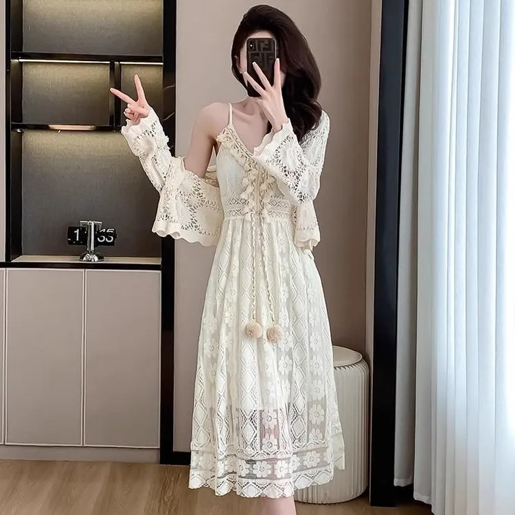 民族风开衫配吊带长裙女2025夏季新款波西米亚大码法式连衣裙子女