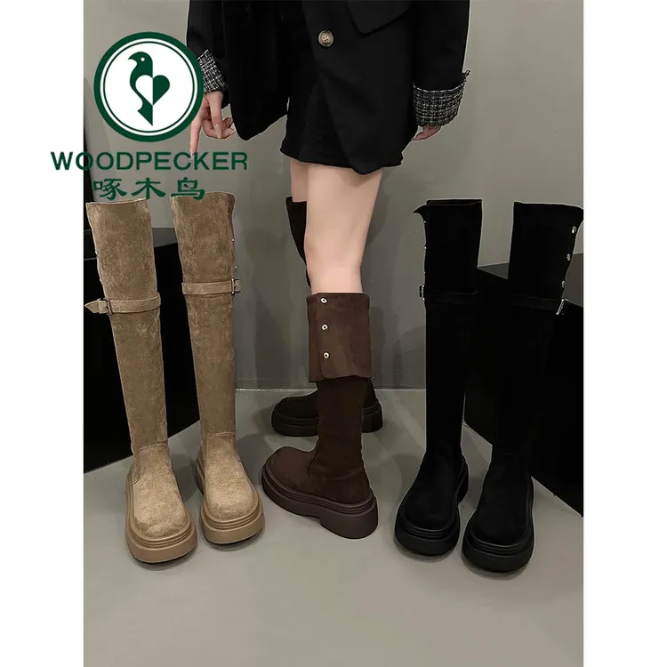 啄木鸟过膝靴子女长筒靴2025新款秋冬两穿翻折小个子厚底骑士靴子
