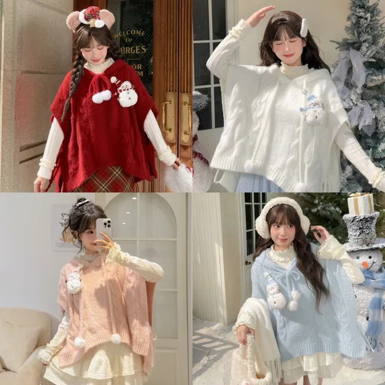 森女部落甜美风雪人设计感连帽斗篷女2025新款宽松显瘦针织衫秋冬
