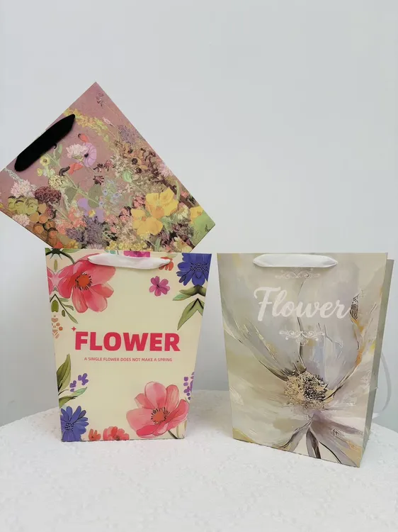 中梯形鲜花手提袋花店包装袋油画风加长提绳手提袋