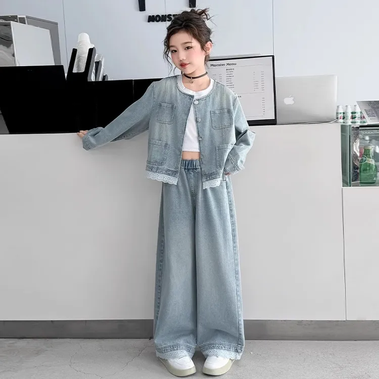 女大童牛仔套装春季2025新款儿童洋气时髦春秋时尚女童阔腿裤春装