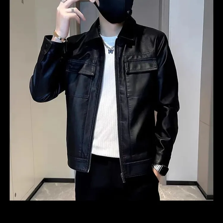 皮衣休闲翻领男士皮夹克帅气秋季百搭修身短款潮流