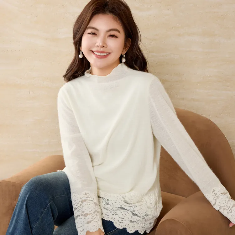 【植绒镂空】MsShe大码女装2025冬木耳边半高领长袖蕾丝衫B2601010