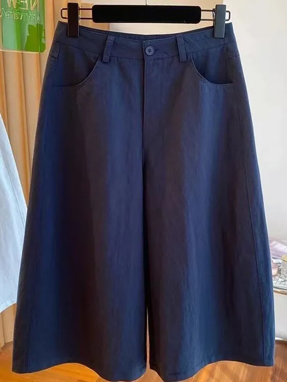 韩版纯色七分阔腿裤女夏季薄款2025新款宽松减龄百搭直筒休闲裤子
