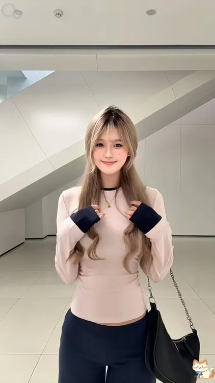 韩系辣妹百搭圆领长袖针织衫女气质时尚甜美减龄修身显瘦粉色上衣