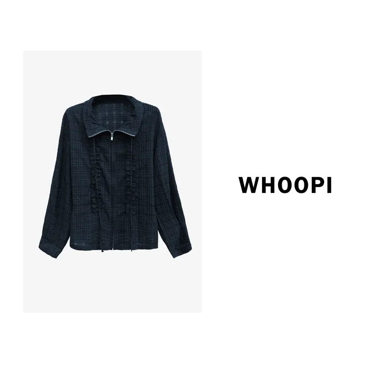 【Whoopi】【温网秀场】重工肌理静奢透气格纹木耳边遮阳夹克外套
