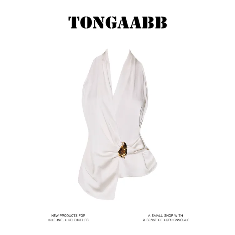 TONGAABB高密缎面珍珠光泽｜金属叶装饰解构剪裁挂脖上衣