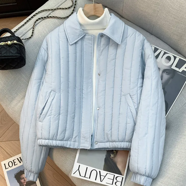 彩色织唛竖条纹理2025秋冬翻领小个子棉服甜美韩版宽松棉衣外套