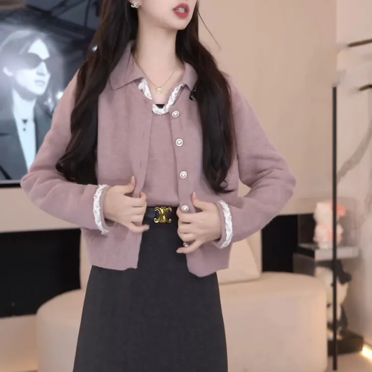 2026秋新款设计感假两件时髦气质洋气显瘦针织衫小香风上衣女