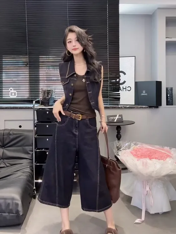 2025秋季新款时尚洋气百搭显瘦套装爆款小众休闲马甲阔腿裤两件套